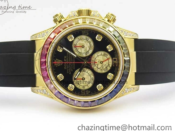 MiroTime 0124 Daytona 116589RBOW YG Rainbow Crystal BLF Best Edition Black Dial on Rubber Strap A EasyMatch 3238